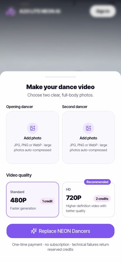 Mobile NEON AI dance upload sheet with two photo slots and 480P or 720P choices